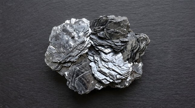 Close-up of a cluster of shimmering mica mineral flakes on a dark slate background.