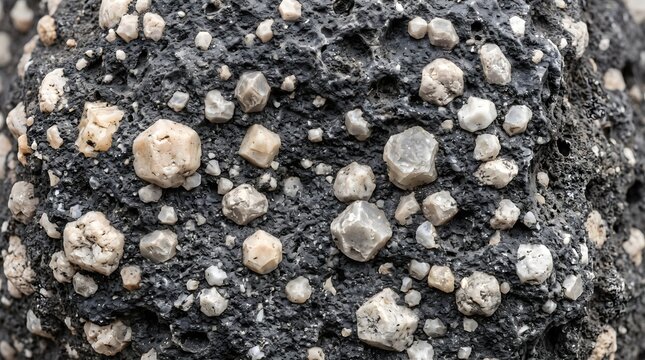 Close-up macro view of a dark igneous rock with visible mineral crystals.