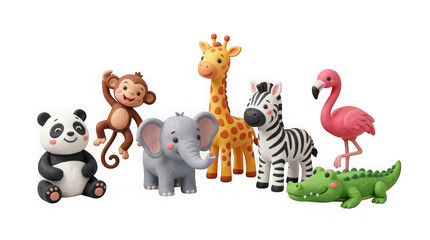 Fototapeta premium A collection of cute claystyle animal figurines including a panda, monkey, elephant, giraffe, zebra, flamingo, and crocodile, isolated on transparent background