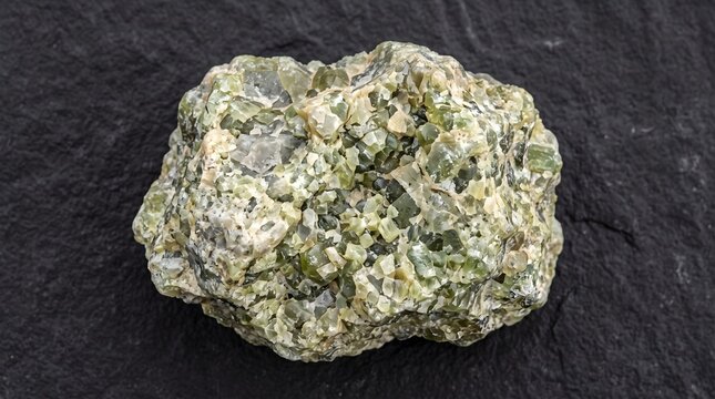 Close-up of a rough, unpolished green mineral specimen on a dark background.