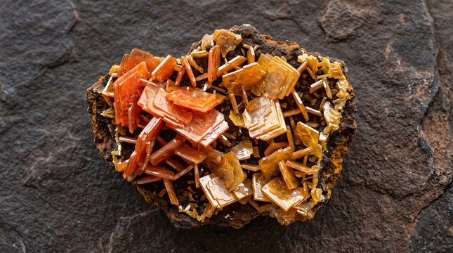 Close-up of a Wulfenite mineral specimen with vibrant orange crystals.