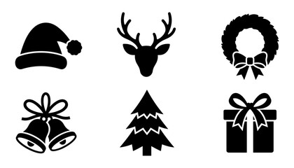 Fototapeta premium Christmas Holiday Silhouette Vector Icon Set Featuring Santa Hat Reindeer Head Festive Wreath Jingle Bells Pine Tree and Present Gift Box