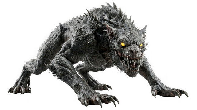 Fierce monstrous beast with glowing yellow eyes and sharp teeth isolated on transparent background