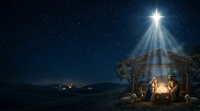 Beautiful christmas nativity scene with mary joseph and baby jesus in a wooden stable under a bright star in the dark night sky with animals and a distant glowing village town view