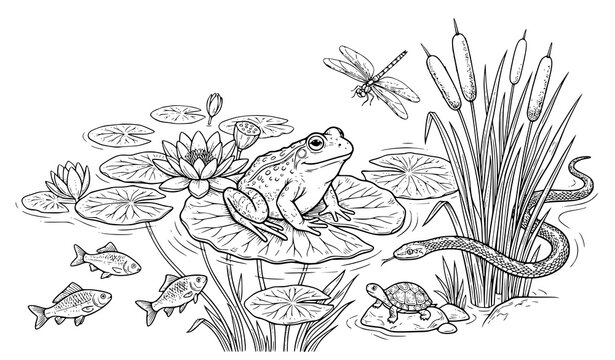 Detailed Cute Pond Creature Vector Set Featuring Frog, Fish, Turtle, Water Snake, Snail, Dragonfly and Lily Flowers