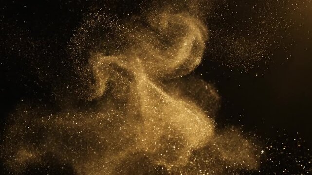 Abstract background with floating golden dust particles on a dark black surface, ash wednesday scene.