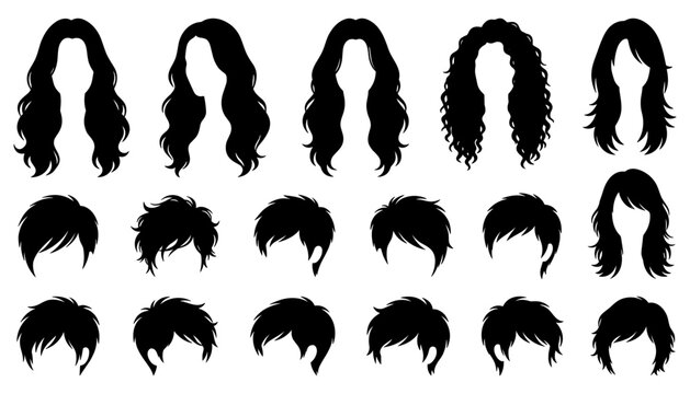 Diverse Hairstyle Silhouette Vector Collection Featuring Various Female and Male Cuts Including Long Wavy Locks Curly Hair and Short Trendy Pixie Styles