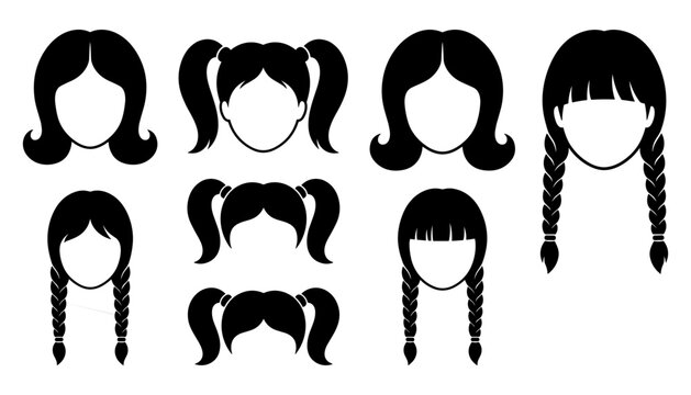 Little Girl Hairstyle Silhouette Vector Set Featuring Diverse Female Hair Cuts Including Braids Pigtails Bangs Ponytails and Cute Kid Hair Textures