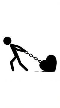 Stickman dragging a chained heart symbolizing emotional baggage, toxic relationships, heartbreak, trauma, and unresolved feelings. Clean minimalist vector illustration.