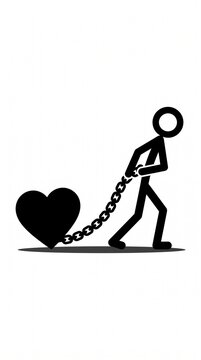 Stickman dragging a chained heart symbolizing emotional baggage, toxic relationships, heartbreak, trauma, and unresolved feelings. Clean minimalist vector illustration.