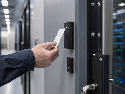 Access control security card reader panel with grey wall background for secure facility entry and electronic authentication system in modern data center environment.