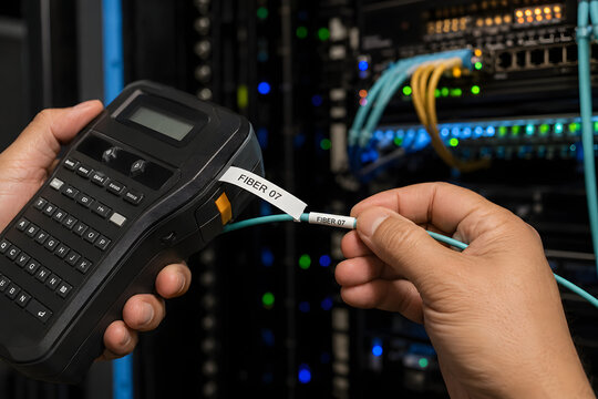 Technician using handheld label printer for fiber optic cable management in data center server rack highlights precision network organization and maintenance.