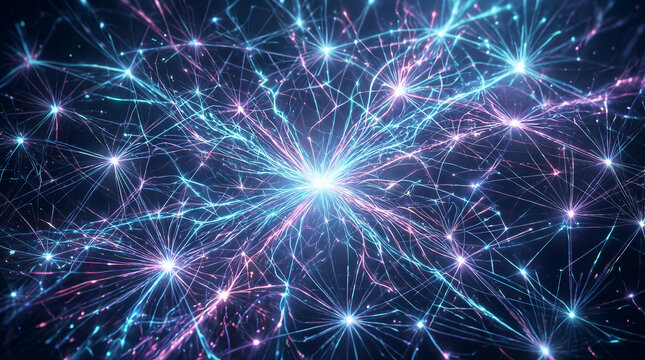 Futuristic glowing network connections featuring radiant junctions and electric blue and magenta light pulses in an ethereal void