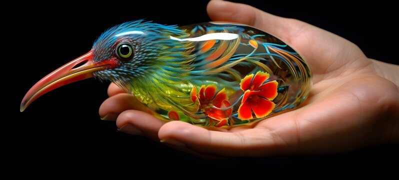A kiwi slice , a small creature made of glass that is sitting in the palm of your hand,generative AI
