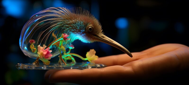 A kiwi slice , a small creature made of glass that is sitting in the palm of your hand,generative AI