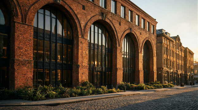 Historic armory residential enclave featuring imposing brick arches filled with modern structural glass along cobblestone street