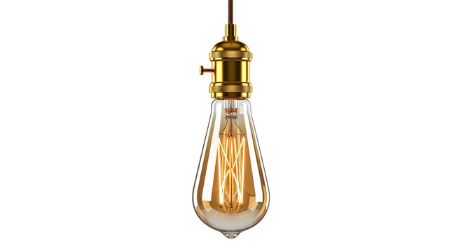 Vintage edison light bulb with golden metal socket glowing with warm filament light