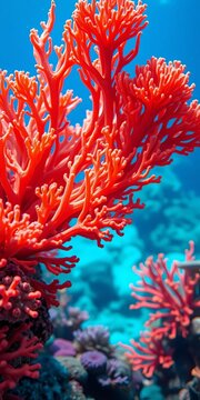 Vibrant coral formations swaying in ocean currents, sea fans, tropical
