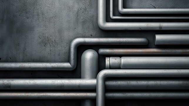 Industrial Metal Pipe System on Grungy Wall with Varying Shapes and Textures for Background or Design Element