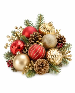 Festive christmas arrangement with ornaments and pine branches