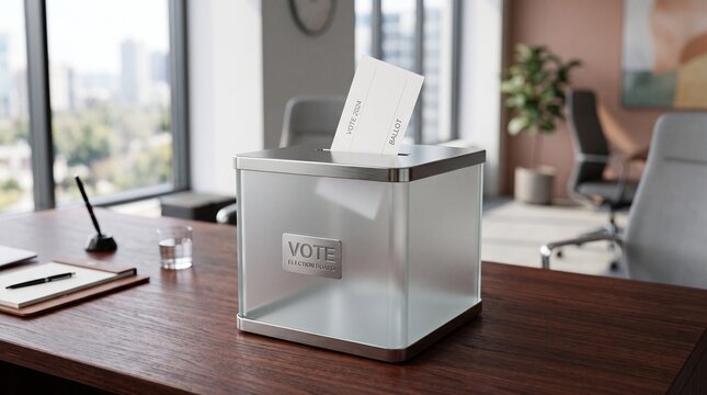 Transparent glass ballot box on wooden office desk, white voting envelope in ballot slot, corporate election and democracy concept