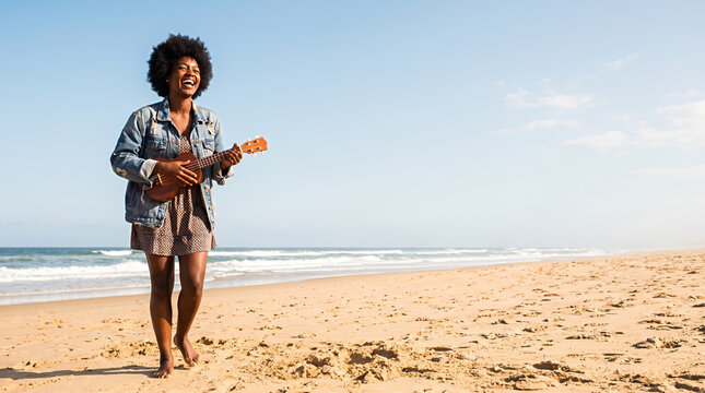 Woman playing ukulele on sandy beach with ocean backdrop