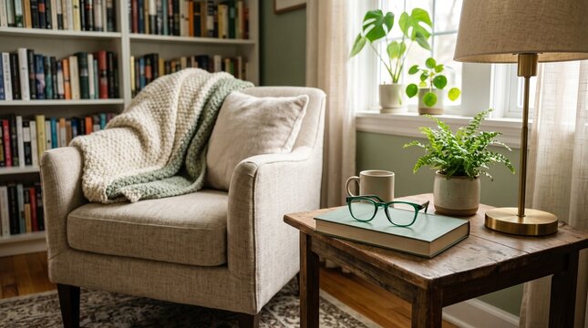 Cozy home library reading corner with armchair, bookshelf, and eyeglasses resting on a book