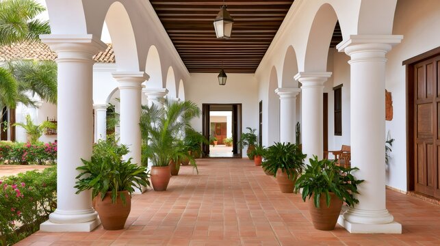Colonial hacienda courtyard archway with tropical plants