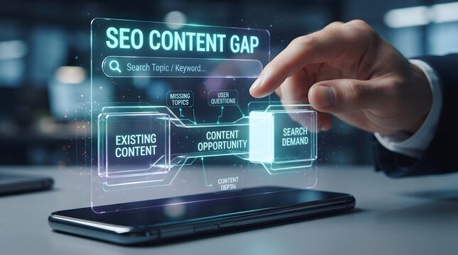 Person using holographic screen for seo content gap analysis