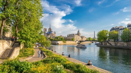 Obraz premium Peaceful Riverside Park With Trees, Historic Architecture and Blue Sky