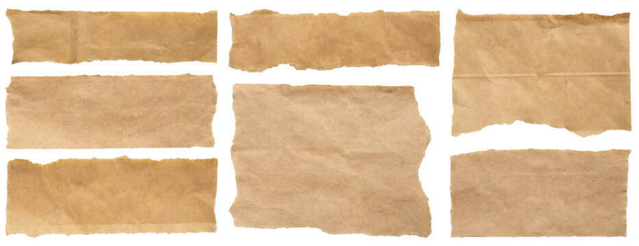 piece of brown paper tear set isolated on white background