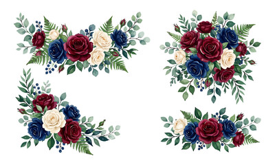 Fototapeta premium Watercolor floral arrangements with burgundy and navy blue roses and green leaves for wedding invitation design