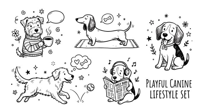Set of hand drawn cartoon dogs engaged in various daily lifestyle activities with illustrations with characters whimsical everyday, art illustrations