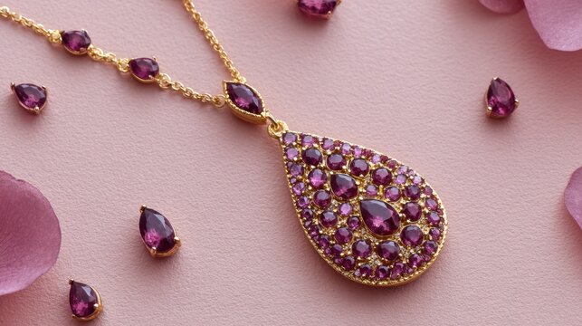 Elegant gold necklace with purple gemstones surrounded by petals on soft pink background