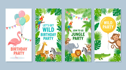 Fototapeta premium Jungle-themed children's birthday party invitations set of four with colorful balloons, tropical leaves, and playful jungle animals (monkeys and toucans).