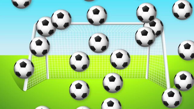 Falling Soccer Balls Animation Over Goal and Green Field Background