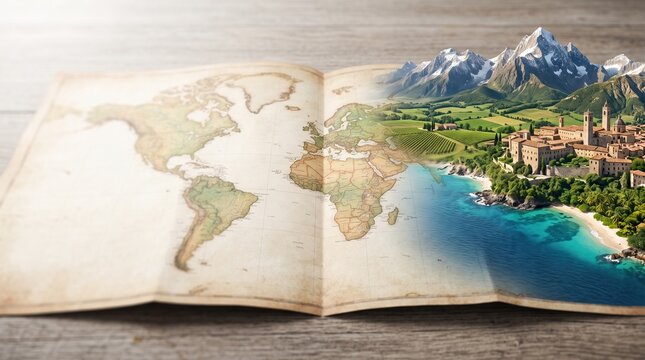 An old map unfolds into a vibrant landscape of mountains, a town, and a beach, symbolizing global travel and realized adventure