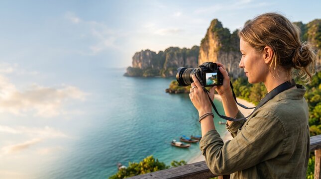Female photographer captures stunning tropical coastal landscape with camera, showcasing dramatic cliffs and turquoise waters during a serene island getaway