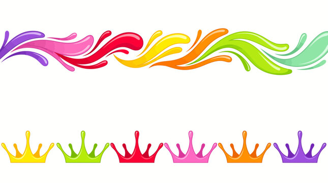 Colorful abstract wave border and rainbow crown icons on white background for party decoration