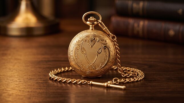 Vintage gold pocket watch with ornate engraving on wooden desk. Antique brass timepiece with chain. Classic horology in library setting.