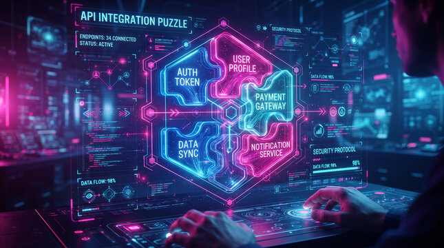 API Integration Puzzle Dashboard Concept for Futuristic Software Development and Cybersecurity Data Visualization