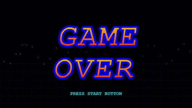 Retro 80s Style Game Over Screen with Neon Text Grid Background and Press Start Button Animation