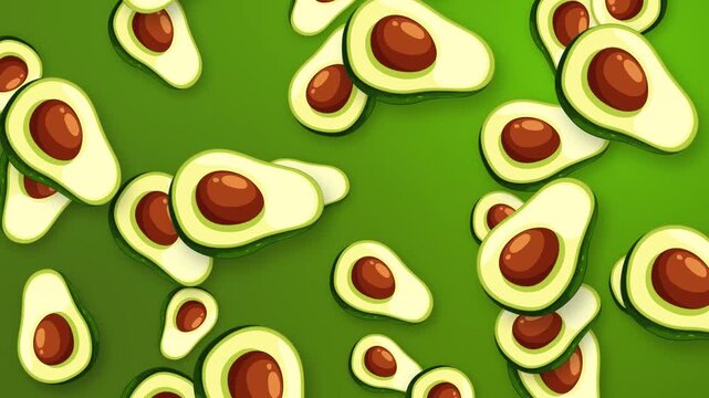 Animated Falling Avocado Halves on Vibrant Green Mesh Background