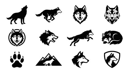 Fototapeta premium Wolf Head and Silhouette Icon Set Featuring Geometric, Athletic and Wilderness Animal Emblems. Editable Vector Illustration.