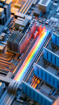 Close up shot of high performance gaming RAM module with rainbow RGB lighting installed on modern computer motherboard.