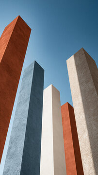 Low angle shot of tall colorful geometric concrete pillars towering into clear blue sky.