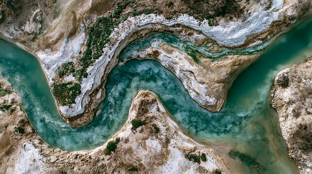 Top down aerial shot of turquoise winding river flowing through rocky canyon landscape with white shores.