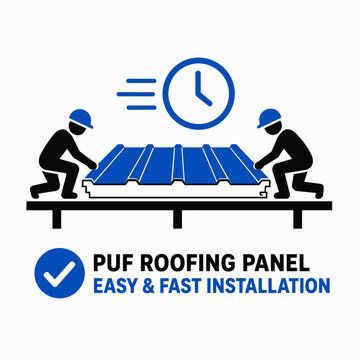 Two workers installing a roofing panel on a construction site