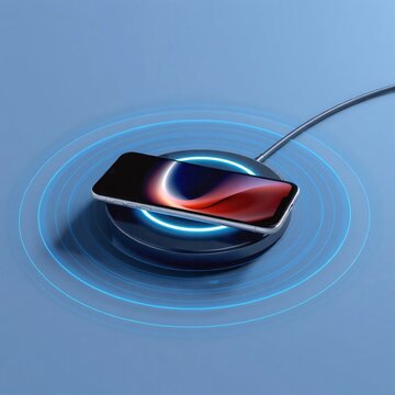 Modern Wireless Phone Charger With Smartphone On Glowing Blue Charging Pad
