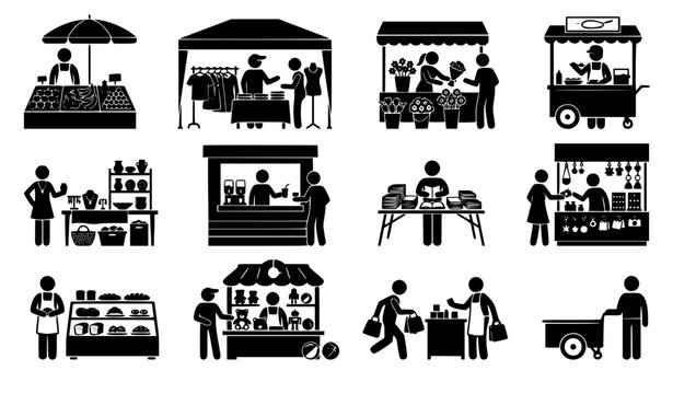 Street market stall icon set with sellers customers grocery clothing booths and retail carts for local festival fair commerce vector illustration